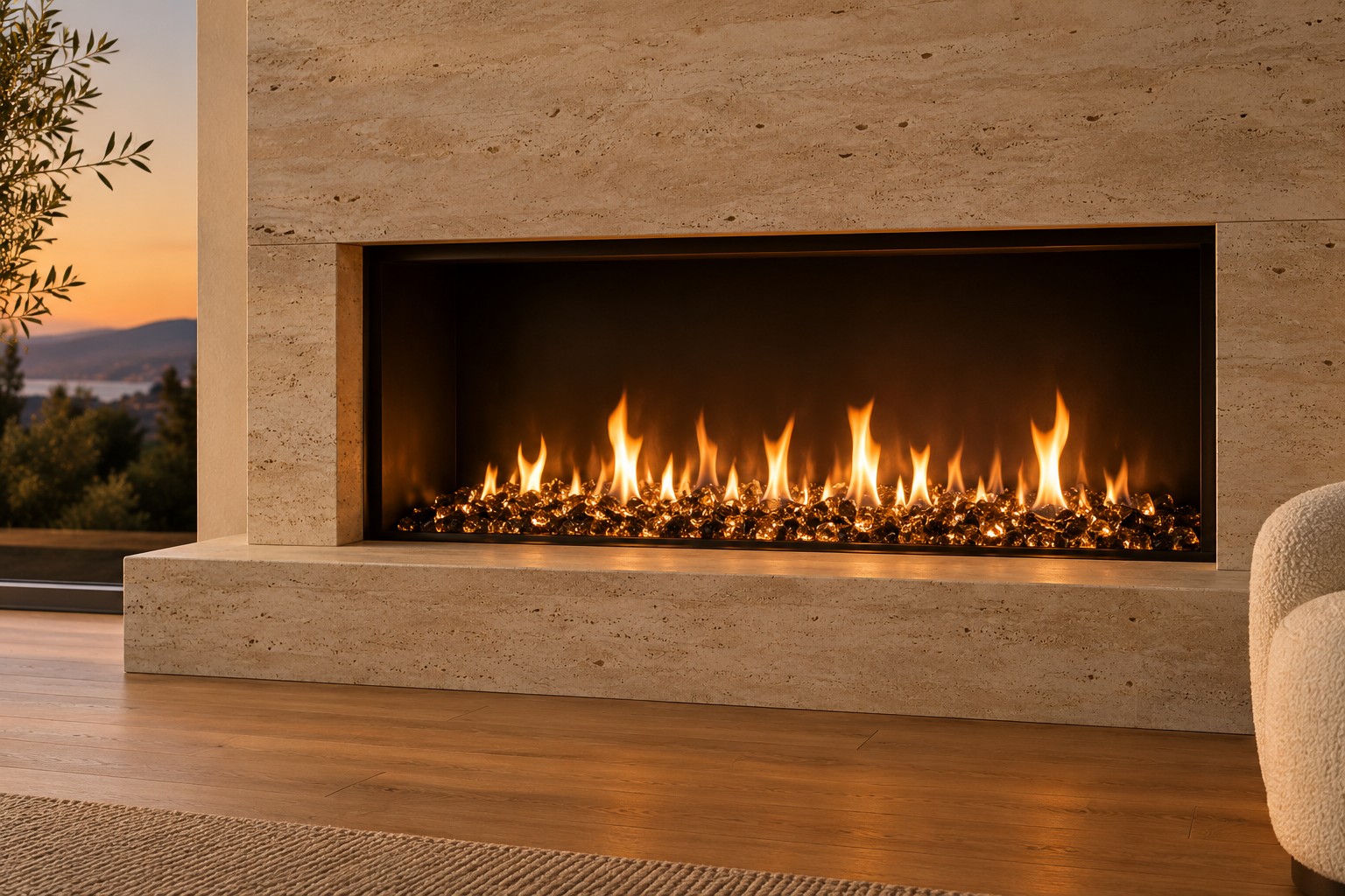 Warm limestone fireplace with dancing flames and reflective fire glass in a calm, inviting living room
